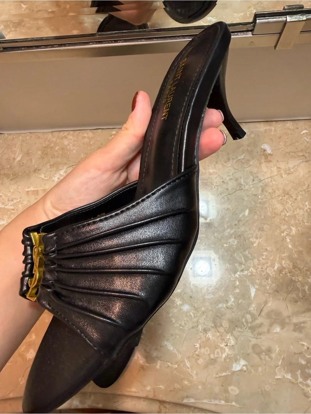 Saint Laurent Black Leather Slide with Gold Logo - Picture 3 of 5